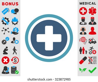 Rounded Cross vector icon. Style is bicolor flat symbol, cyan and blue colors, rounded angles, white background.