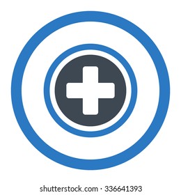 Rounded Cross vector icon. Style is bicolor flat rounded symbol, smooth blue colors, rounded angles, white background.