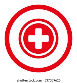 Rounded Cross vector icon. Style is flat rounded symbol, red color, rounded angles, white background.