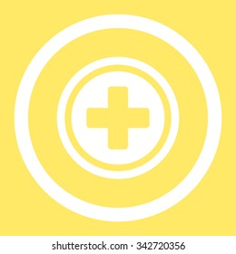 Rounded Cross vector icon. Style is flat rounded symbol, white color, rounded angles, yellow background.
