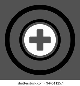 Rounded Cross vector icon. Style is bicolor flat rounded symbol, black and white colors, rounded angles, gray background.