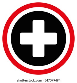 Rounded Cross vector icon. Style is bicolor flat symbol, intensive red and black colors, rounded angles, white background.