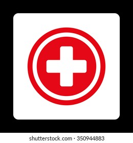 Rounded Cross vector icon. Style is flat rounded square button, red and white colors, black background.