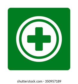 Rounded Cross vector icon. Style is flat rounded square button, white and green colors, white background.