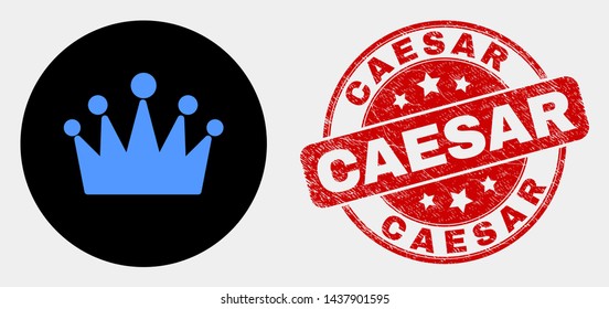Rounded crown icon and Caesar seal stamp. Red rounded textured seal stamp with Caesar caption. Blue crown symbol on black circle. Vector composition for crown in flat style.