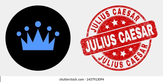 Rounded crown pictogram and Julius Caesar stamp. Red rounded grunge seal stamp with Julius Caesar text. Blue crown symbol on black circle. Vector combination for crown in flat style.