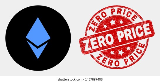 Rounded crystal icon and Zero Price seal. Red rounded scratched seal with Zero Price text. Blue crystal icon on black circle. Vector composition for crystal in flat style.