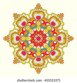Rounded curly ornament looks like a handmade napkin. Bright yellow, red and orange colors.