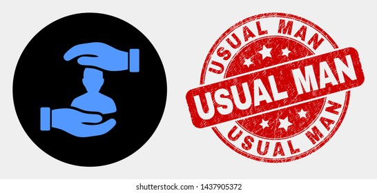 Rounded customer care hands icon and Usual Man seal. Red rounded grunge seal stamp with Usual Man caption. Blue customer care hands symbol on black circle.