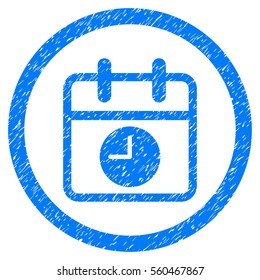 Rounded Date And Time rubber seal stamp watermark. Icon symbol inside circle with grunge design and dirty texture. Unclean vector blue emblem.