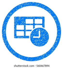 Rounded Date And Time rubber seal stamp watermark. Icon symbol inside circle with grunge design and dirty texture. Unclean vector blue emblem.