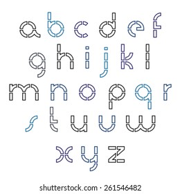 Rounded delicate technical small characters created from separate sections and parts, clear vector industrial font. Geometric lower case letters.