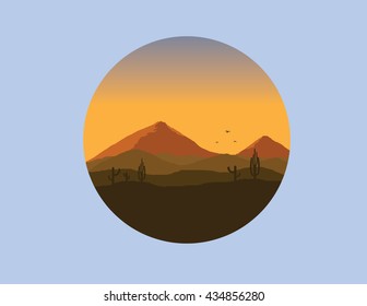 rounded desert illustration with cactus, hill and mountain