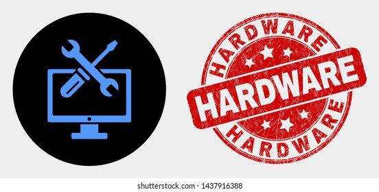 Rounded desktop options icon and Hardware seal stamp. Red rounded distress seal stamp with Hardware text. Blue desktop options icon on black circle.