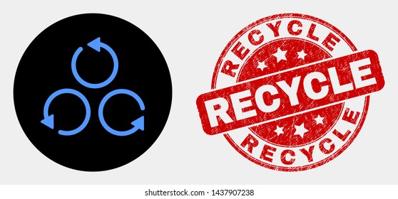 Rounded different rotation icon and Recycle seal. Red rounded textured stamp with Recycle caption. Blue different rotation icon on black circle.