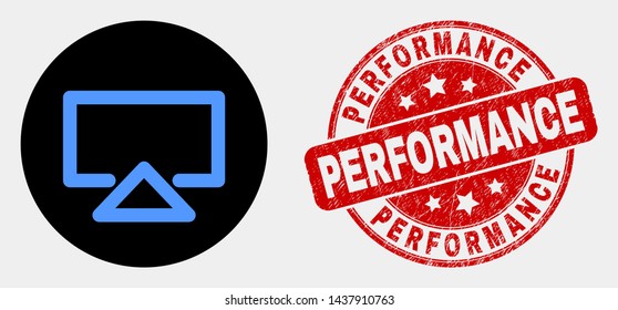 Rounded display icon and Performance seal stamp. Red rounded grunge stamp with Performance text. Blue display icon on black circle. Vector composition for display in flat style.