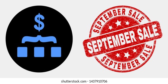 Rounded dollar aggregation pictogram and September Sale seal stamp. Red rounded scratched seal stamp with September Sale caption. Blue dollar aggregation symbol on black circle.