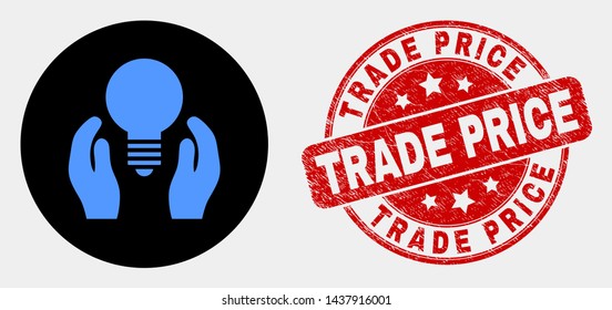 Rounded dollar bulb care hands pictogram and Trade Price seal stamp. Red rounded scratched stamp with Trade Price text. Blue dollar bulb care hands icon on black circle.