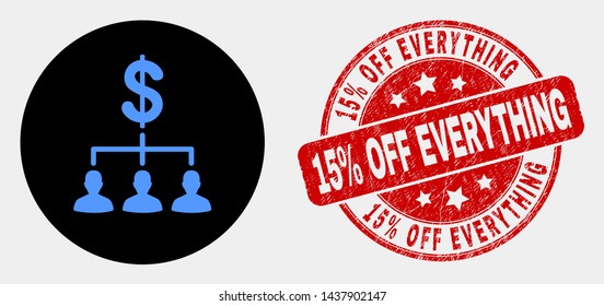 Rounded dollar clients structure icon and 15% Off Everything seal stamp. Red rounded textured seal stamp with 15% Off Everything text. Blue dollar clients structure symbol on black circle.