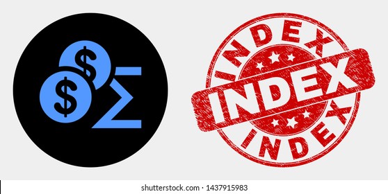 Rounded dollar sum pictogram and Index watermark. Red rounded grunge watermark with Index caption. Blue dollar sum symbol on black circle. Vector combination for dollar sum in flat style.