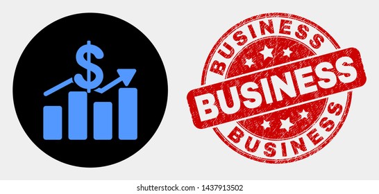 Rounded dollar trends icon and Business seal stamp. Red rounded grunge seal with Business caption. Blue dollar trends icon on black circle. Vector combination for dollar trends in flat style.