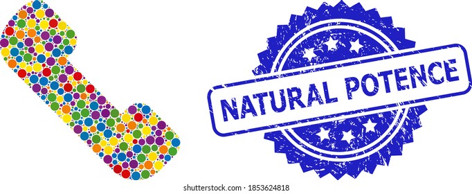 Receptor de teléfono de mosaico de punto redondeado y sello de arañazos NATURAL POTENCE. El sello azul incluye el título de POTENCIA NATURAL dentro de la roseta.