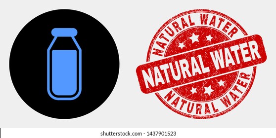 Rounded drinking bottle pictogram and Natural Water watermark. Red rounded scratched watermark with Natural Water text. Blue drinking bottle symbol on black circle.