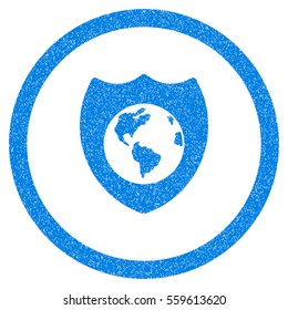 Rounded Earth Shield rubber seal stamp watermark. Icon symbol inside circle with grunge design and unclean texture. Unclean vector blue sign.