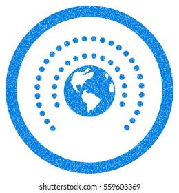 Rounded Earth Sphere Shield rubber seal stamp watermark. Icon symbol inside circle with grunge design and scratched texture. Unclean vector blue emblem.