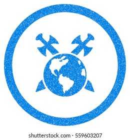 Rounded Earth Swords rubber seal stamp watermark. Icon symbol inside circle with grunge design and scratched texture. Unclean vector blue sign.