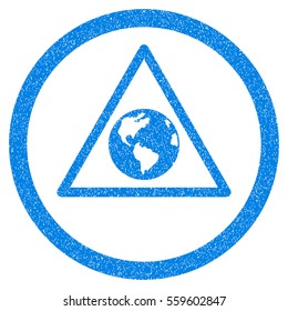 Rounded Earth Warning rubber seal stamp watermark. Icon symbol inside circle with grunge design and dust texture. Unclean vector blue sign.