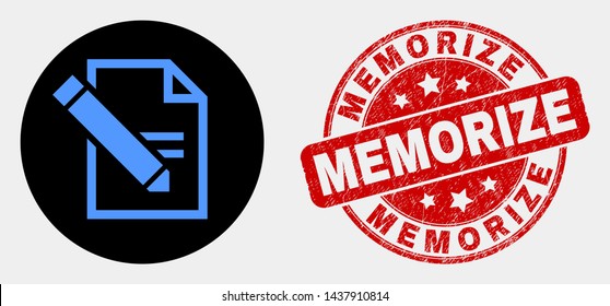 Rounded edit text page icon and Memorize seal stamp. Red rounded textured seal stamp with Memorize caption. Blue edit text page symbol on black circle.