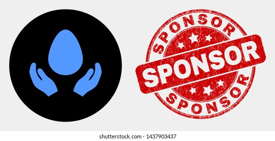 Rounded egg care hands pictogram and Sponsor stamp. Red rounded scratched seal stamp with Sponsor text. Blue egg care hands icon on black circle. Vector combination for egg care hands in flat style.