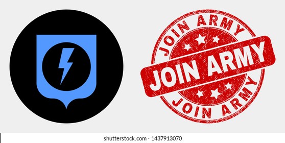 Rounded electric shield icon and Join Army seal stamp. Red rounded scratched stamp with Join Army text. Blue electric shield icon on black circle. Vector combination for electric shield in flat style.