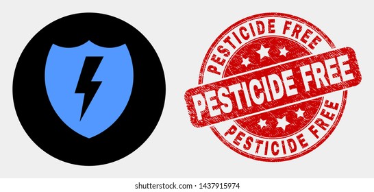 Rounded electric shield pictogram and Pesticide Free seal stamp. Red rounded textured stamp with Pesticide Free text. Blue electric shield symbol on black circle.