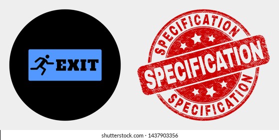 Rounded emergency exit pictogram and Specification stamp. Red rounded scratched seal stamp with Specification text. Blue emergency exit symbol on black circle.