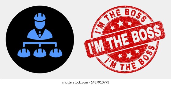 Rounded engineer hierarchy pictogram and I'M the Boss stamp. Red rounded grunge stamp with I'M the Boss text. Blue engineer hierarchy icon on black circle.