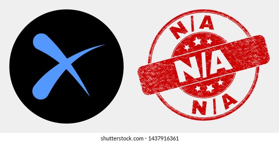Rounded erase icon and N/A stamp. Red rounded distress seal stamp with N/A text. Blue erase icon on black circle. Vector combination for erase in flat style.
