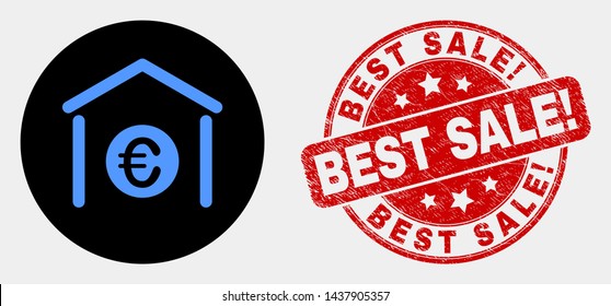 Rounded euro bank pictogram and Best Sale! seal stamp. Red rounded distress stamp with Best Sale! caption. Blue euro bank symbol on black circle. Vector composition for euro bank in flat style.