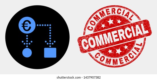 Rounded euro cash flow icon and Commercial seal stamp. Red rounded textured seal stamp with Commercial caption. Blue euro cash flow icon on black circle.