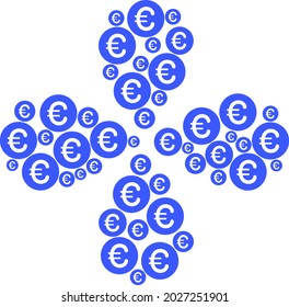 Rounded euro centrifugal flower shape. Element centrifugal explosion done from oriented rounded euro items. Vector flower collage in flat style.