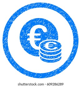 Rounded Euro Coin Stack rubber seal stamp watermark. Icon symbol inside circle with grunge design and scratched texture. Unclean vector blue sign.