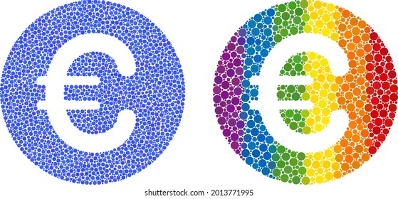 Rounded euro collage icon of spheric blots in different sizes and rainbow color tints. A dotted LGBT-colored rounded euro for lesbians, gays, bisexuals, and transgenders.
