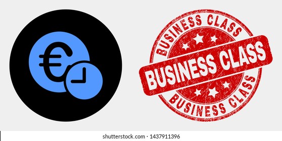 Rounded euro credit time icon and Business Class watermark. Red rounded distress watermark with Business Class caption. Blue euro credit time icon on black circle.