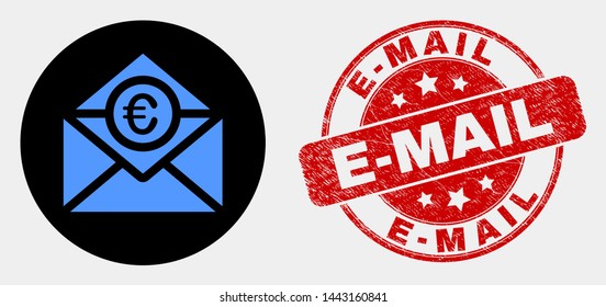 Rounded euro mail icon and E-Mail seal stamp. Red rounded grunge seal with E-Mail text. Blue euro mail icon on black circle. Vector combination in flat style.