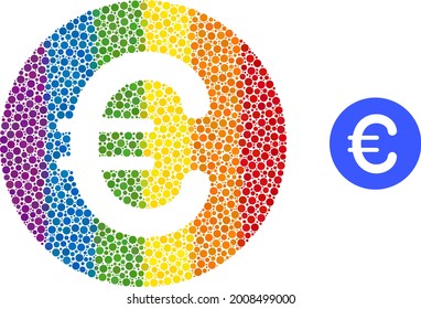 Rounded euro mosaic icon of round dots in variable sizes and spectrum bright color tints. A dotted LGBT-colored rounded euro for lesbians, gays, bisexuals, and transgenders.