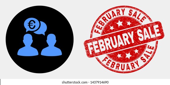 Rounded euro people chat icon and February Sale seal stamp. Red rounded distress seal with February Sale text. Blue euro people chat icon on black circle.