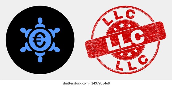 Rounded euro people union icon and Llc seal stamp. Red rounded grunge seal with Llc text. Blue euro people union symbol on black circle. Vector composition for euro people union in flat style.