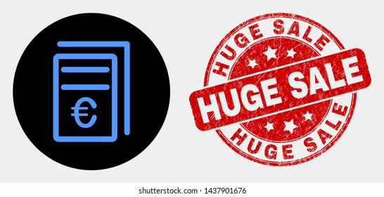 Rounded euro price pages pictogram and Huge Sale seal stamp. Red rounded grunge seal stamp with Huge Sale caption. Blue euro price pages symbol on black circle.