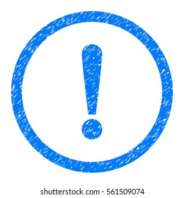 Rounded Exclamation Sign rubber seal stamp watermark. Icon symbol inside circle with grunge design and scratched texture. Unclean vector blue sign.